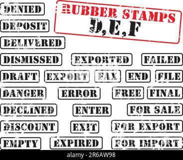 Collection of rubber stamps with words begining with letter D, E, F. See other rubber stamp colections in my portfolio. Stock Vector