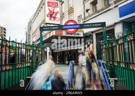 LONDON- MAY 25, 2023: Grease The Musical at the Dominion theatre in London's West End, view from Tottenham Court Road underground station entrance Stock Photo