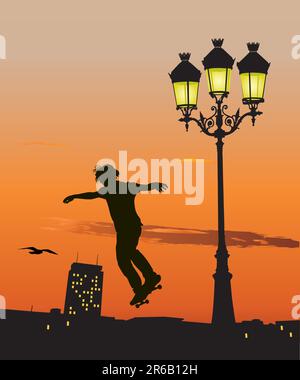 Silhouette of young skateboarder jumping in late evening. Vector illustration Stock Vector
