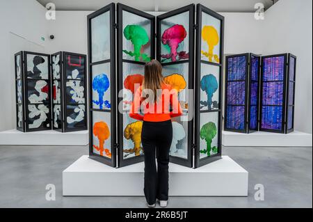 London, UK. 8th June, 2023. Manhattan, 2018 and other works - Brian Clarke: A Great Light a new exhibition of the a leading artist working in stained glass today unveiled at Damien Hirst's Newport Street Gallery. Credit: Guy Bell/Alamy Live News Stock Photo