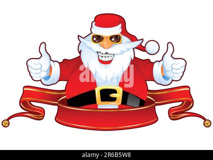 Cheerful Santa Claus in Sunglasses over Red Christmas Ribbon Stock Vector