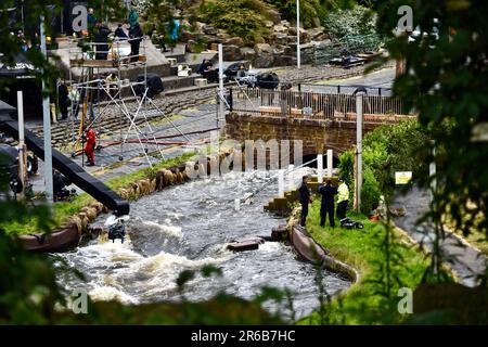 Stockton-on-Tees, UK. 08 Jun 2023. Today filming of ITV’s new mystery thriller “After the Flood” starring Sophie Rundle, Philip Glenister, Lorraine Ashbourne, Nicholas Gleaves, Jonas Armstrong, Matt Stokoe, Jacqueline Boatswain and Anita Adam Gabay continued at the Tees International Whitewater Course facility, Stockton on Tees. This featured a dramatic scene with the character played by Sophie Rundle saving a baby from the fast flowing water. Credit: Teesside Snapper/Alamy Live News Stock Photo