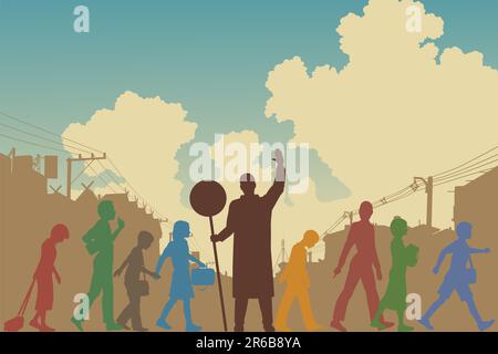 Editable vector silhouettes of colorful school children crossing a road Stock Vector