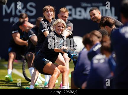 World XI's Kaylyn Kyle and Maisie Adam lead their team in a tug of war during a training session at Champneys Tring ahead of the Soccer Aid for UNICEF 2023 match on Sunday. Picture date: Thursday June 8, 2023. Stock Photo