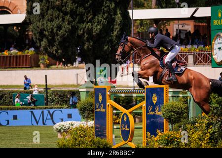 Rome, Italy. 27th May, 2023. Emanuele Camilli (ITA) during the 90Â° CSIO ROMA 2023, CSIO5* Nations Cup - 1.55m - 110.000 EUR - LR - LORO PIANA TROPHY, at Piazza di Siena in Rome, Italy. (Credit Image: © Gennaro Leonardi/Pacific Press via ZUMA Press Wire) EDITORIAL USAGE ONLY! Not for Commercial USAGE! Stock Photo