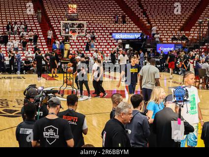 Nikola Jokic of Denver Nuggets during warm ups before Game 3 of NBA Finals 2023 between Denver Nuggets and Miami Heat Stock Photo