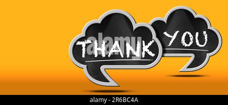3D illustration of two speech bubbles with text Thank You in English language, on a yellow and orange background with copy space. Stock Photo