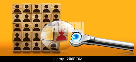 Human resources management and recruitment business hiring concept. Magnifying glass and a group of wooden blocks with brown people icons. Stock Photo