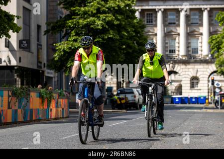 Police officers in Belfast on unmarked bicycles, as officers across Northern Ireland take to the roads to raise awareness of cycle safety as part of Operation Close Pass. Picture date: Thursday June 8, 2023. Stock Photo