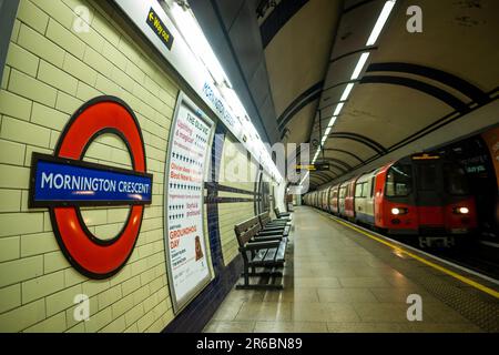 LONDON- MARCH 21, 2023: Mornington Crescent Underground Station, a Northern Line station in borough of Camden, north London Stock Photo