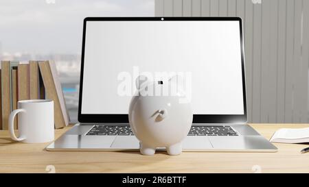 White piggy bank looking at a laptop sat on a desk Stock Photo