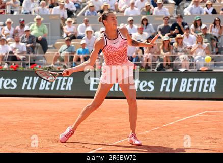 Paris, France. 08th June, 2023. Aryna Sabalenka of Belarus plays against Karolina Muchova of the Czech Republic at the Roland Garros French Tennis Open in Paris, France, on Thursday, June 8, 2023. Muchova won 7-6, 6-7, 7-5 and qualified for the final. Photo by Maya Vidon-White/UPI Credit: UPI/Alamy Live News Stock Photo