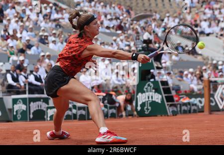 Paris, France. 08th June, 2023. Karolina Muchova of the Czech Republic plays against Aryna Sabalenka of Bielorusia at the Roland Garros French Tennis Open in Paris, France, on Thursday, June 8, 2023. Muchova won 7-6, 6-7, 7-5 and qualified for the final. Photo by Maya Vidon-White/UPI Credit: UPI/Alamy Live News Stock Photo