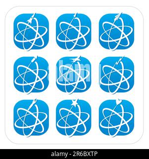 Atomic Symbols with various flying elements. Easy-edit file. Stock Vector