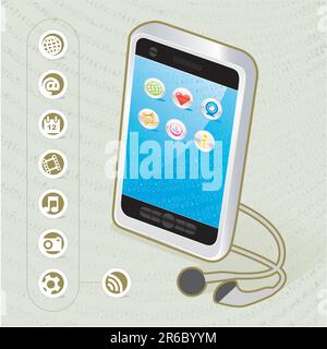 Smart cellphone Icon with creative background and related telecommunication icons. Easy-edit layered file. Stock Vector