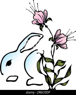 Stylized hand-drawn bunny with pink flower; layered file. Stock Vector