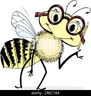 Cute and clever cartoon bee. Vintage 1950s detailed black and white from hand-drawn pen & ink includes full colorization. Stock Vector