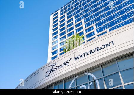 Vancouver, British Columbia - May 26, 2023: Fairmont Waterfront by Canada Place cruise terminal. Stock Photo