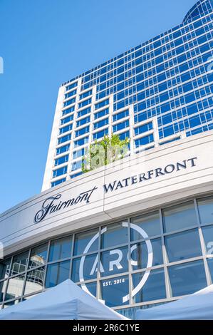 Vancouver, British Columbia - May 26, 2023: Fairmont Waterfront by Canada Place cruise terminal. Stock Photo