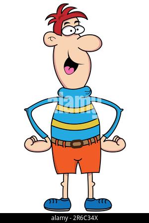 vector illustration of a chap with a big nose skinny nobbly arms and legs wearing a blue jumper and orange shorts funny cartoon character