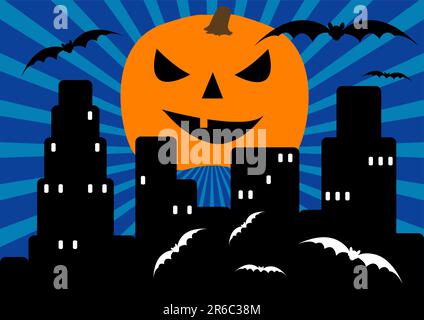 Silhouette of a town by night over a rayed background with a big halloween pumpkin as moon and a lot of bats flying around Stock Vector