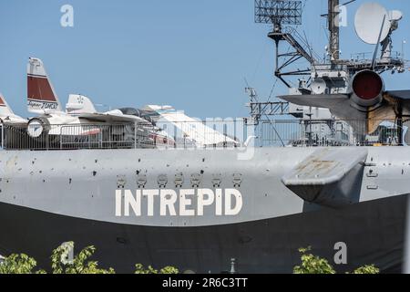 New York City, New York, USA – May 28, 2023: Aircraft carrier USS Intrepid docked in New York City off the Hudson River Stock Photo