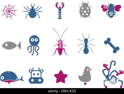 Vector icons pack - Blue-Fuchsia Series, animals collection Stock Vector