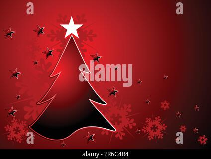 Christmas tree over red background with snow crystals Stock Vector