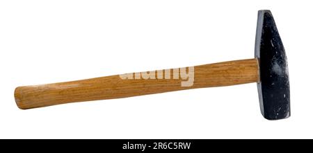 Hammer with a wooden handle with chips and scuffs on a white background. Old rusty hammer Stock Photo