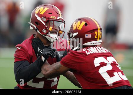 Washington Commanders safety Terrell Burgess (24) runs after the ball  during an NFL pre-season football game against the Cleveland Browns,  Friday, Aug. 11, 2023, in Cleveland. (AP Photo/Kirk Irwin Stock Photo -  Alamy