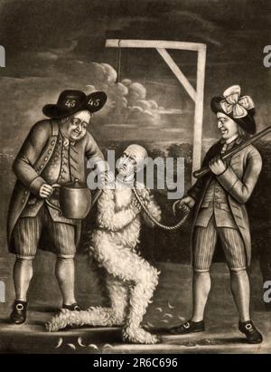 A new method of torture as practiced in Boston. The print shows two men with a tarred and feathered customs officer forcing him to drink from a large teapot. The man has a short rope around his neck, which may have been attached to the rope hanging from a gallows in the background. On January 27, 1774, British customs official John Malcolm was tarred and feathered, led to a gallows and forced to drink tea, Historic, digitally restored reproduction from a 19th century original  /  Eine neue Methode der Folter, wie sie in Boston praktiziert wird. Der Druck zeigt zwei Männer mit einem geteerten u Stock Photo