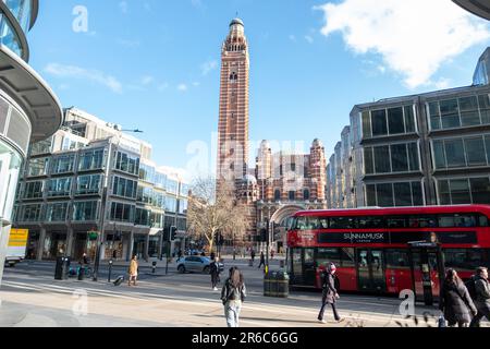 LONDON- MARCH 21, 2023: Westminster Cathedral from Cardinal Place in Victoria SW1 Stock Photo