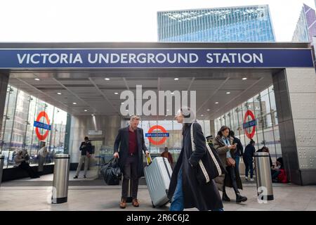 LONDON- MARCH 21, 2023: Victoria Underground Station entrance by the Cardinal Place Stock Photo