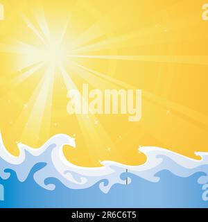 Asymmetric sunny light burst with cool relaxing water waves. Use of radial and linear gradients, global colors. Artwork neatly grouped and layered. Stock Vector
