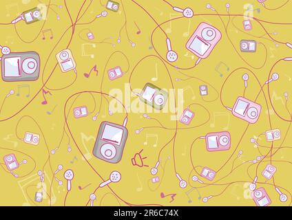 Retro Seamless Pattern made of cool hand-drawn mp3 players in different colors. Vector illustration Stock Vector