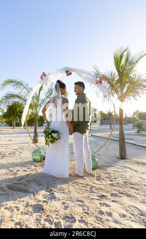 Newlywed caucasian couple holding hands and standing at beach at wedding ceremony Stock Photo