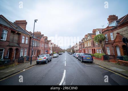 London- March 01, 2023: Street of terraced residential houses off Streatham High Street in SW16 south west London Stock Photo