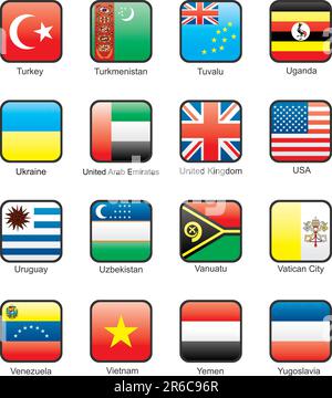 Turkey, Turkmenistan, Tuvalu, Uganda, Ukraine, United Arab Emirates, Great Britain, USA, Uzbekistan, Vanuatu, Vatican, Venezuela, Vietnam, Yemen, Y... Stock Vector
