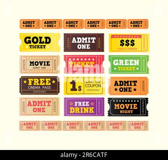 On movie or to Theatre? Use my tickets! In 12 DIFFERENT VARIATIONS. Vector Illustration – easy to move and resize. Objects grouped. Stock Vector