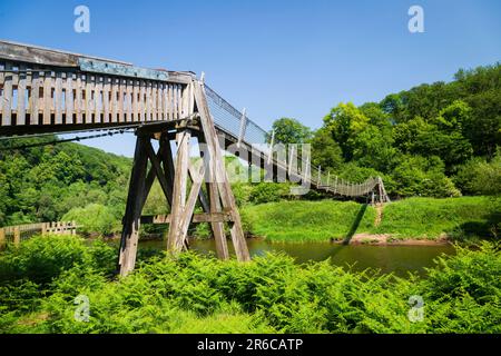 Biblin Bridge, Herefordshire, a wire suspension bridge over the River Wye, Herefordshire. Stock Photo