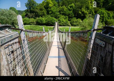 Biblin Bridge, Herefordshire, a wire suspension bridge over the River Wye, Herefordshire. Stock Photo