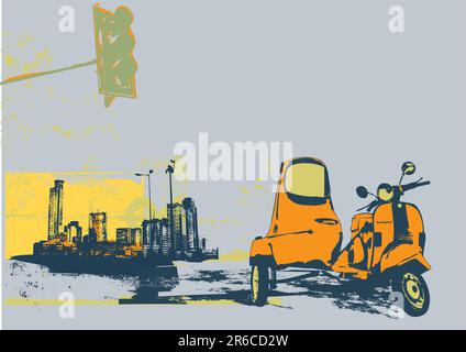Vector illustration of vintage scooter on the grunge urban background Stock Vector