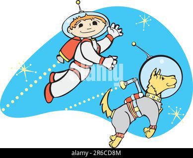 Retro boy in jet pack flies through space with his dog. Stock Vector