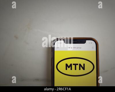 Konskie, Poland - June 08, 2023: MTN Group South African mobile operator logo displayed on mobile phone screen Stock Photo