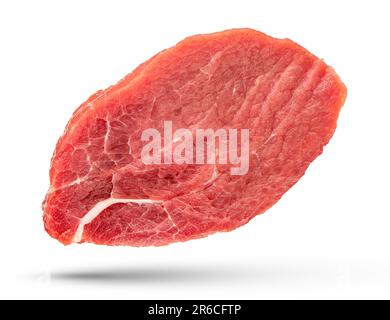 A piece of beef. Large piece of beef with thin layers of fat, isolated on a white background. The texture of beef meat close-up, for inserting into a Stock Photo