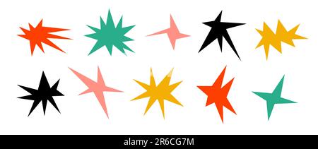 Colorful sharp shapes collection. Bright irregular sparks and twinkles set. Abstract edgy sparkle and stars elements pack. Asymmetry angular forms bundle for banner, collage, poster, sticker. Vector  Stock Vector