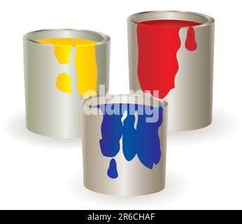 Three containers with yellow, red and blue paint. Vector illustration. Stock Vector