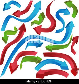 Set of 3D (three dimensional) curving arrows in blue, red, and green. Stock Vector