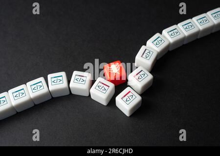 A computer virus causes a program to crash. Threat to critical infrastructure, hybrid wars in cyberspace. Point strike on vulnerable system places. Pr Stock Photo