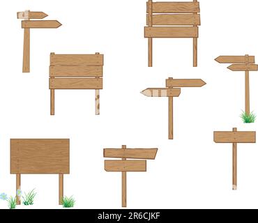 A collection of vector blank wooden signposts for your own text. Easy to edit, manipulate or resize. Plus bonus: flowers and grass Stock Vector